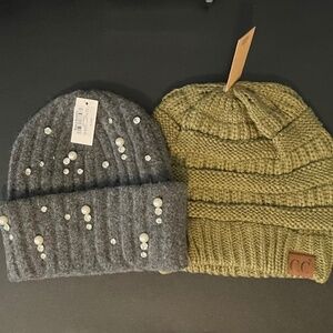 NWT LOT OF 2 WORLD MARKET PEARL CRYSTAL AND CC KNIT BEANIE CABLE HAT
